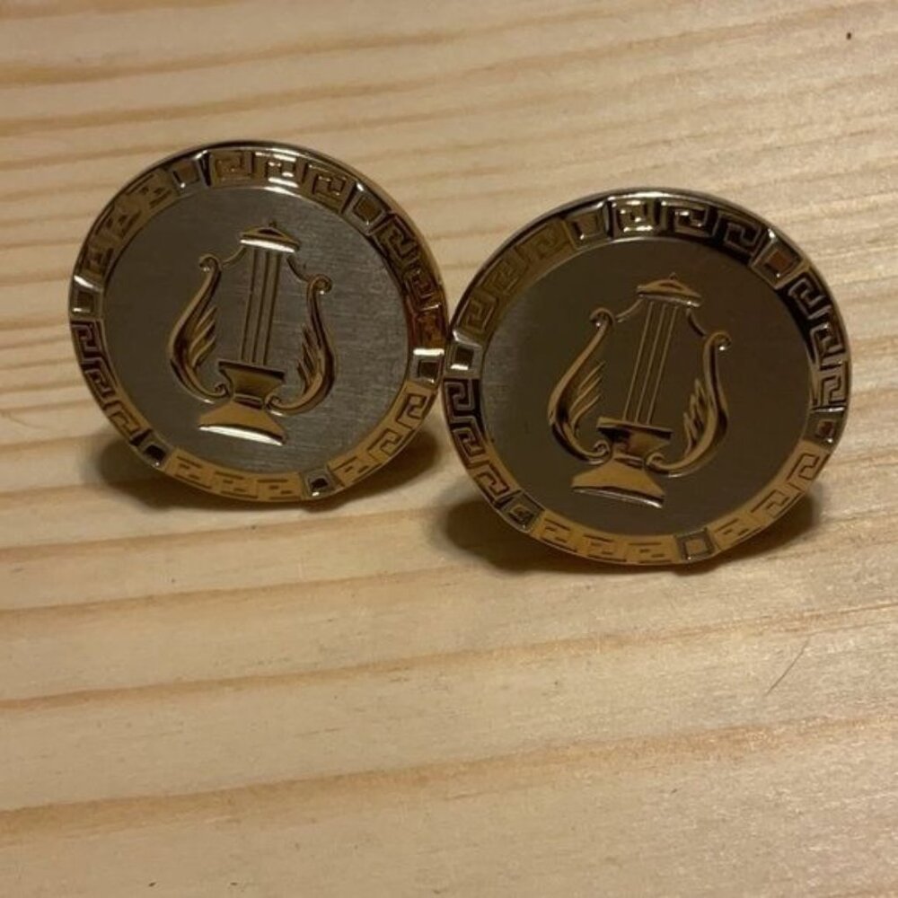 Gold Round Cufflinks With Lyre Engraving